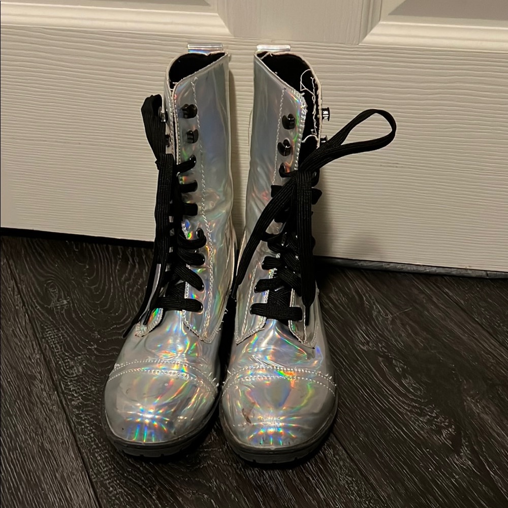 Dollskill Holographic Combat Boots with Black Laces